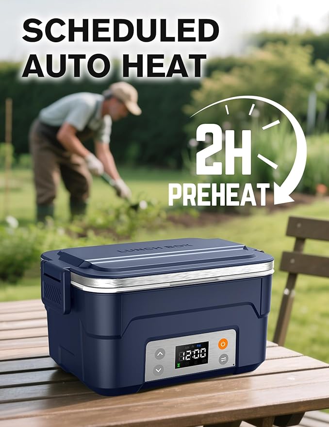 EAST OAK XL 6.3-Cup Cordless Electric Lunch Box for Adults, Heated Lunch Box for Men with Scheduled Heating, Portable Car Food Warmer with Utensils, Two-Tier Bag, Removable Divider
