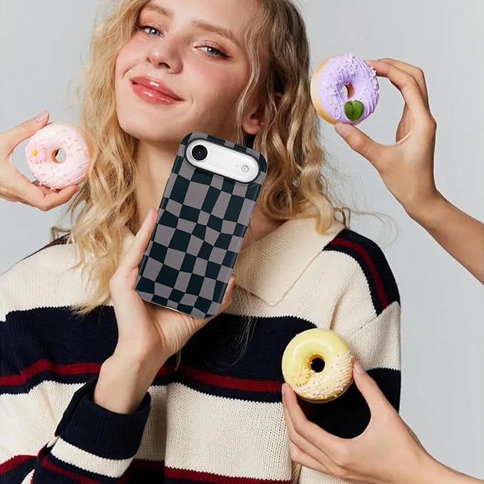 SOKAD Magnetic Checkered Phone Case for iPhone Air, Cute Grids Plaid Checkerboard Pattern Compatible with Magsafe Matte Protective Case Cover with Screen Protector for Girls Women, Black & Brown