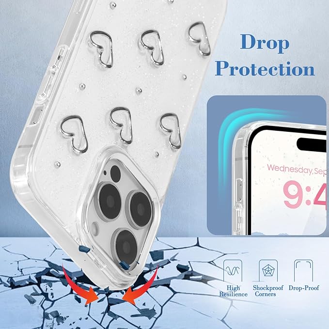 EYZUTAK Case for iPhone 14 Pro, Bling Glitter 3D Hearts Phone Case Cute Sparkly Crystal Clear Heart Aesthetic Design Case Slim Soft Durable TPU Transparent Protective Cover for Women Girls - Heart
