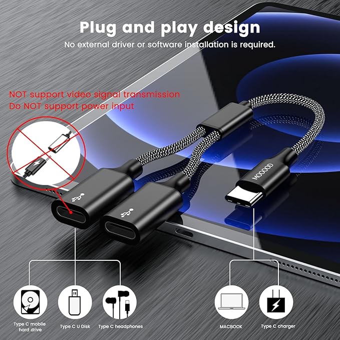 MOGOOD USB C to Dual USB C Female Adapter, 2 Ports, Not for Monitor and Charging, Incredibly Durable, Super Fit, 5V/0.9A Power Output