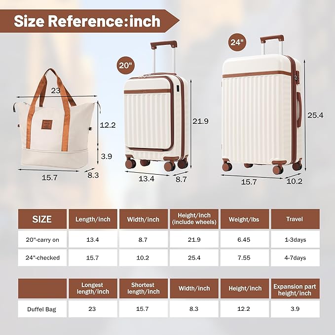 Merax Luggage Sets Front Opening, 2 Piece Hardshell Suitcase with Spinner Wheels and Bags,Lightweight Carry on Luggage with USB Port,20+24,White and Brown