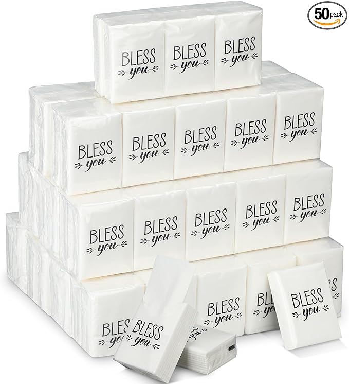 Ctosree 50 Pack Church Pocket Tissues Travel Packs Bulk 500 Sheet Small Tissues Pocket Packs Party Favors 3 Ply Mini Travel Size Individual for Christian