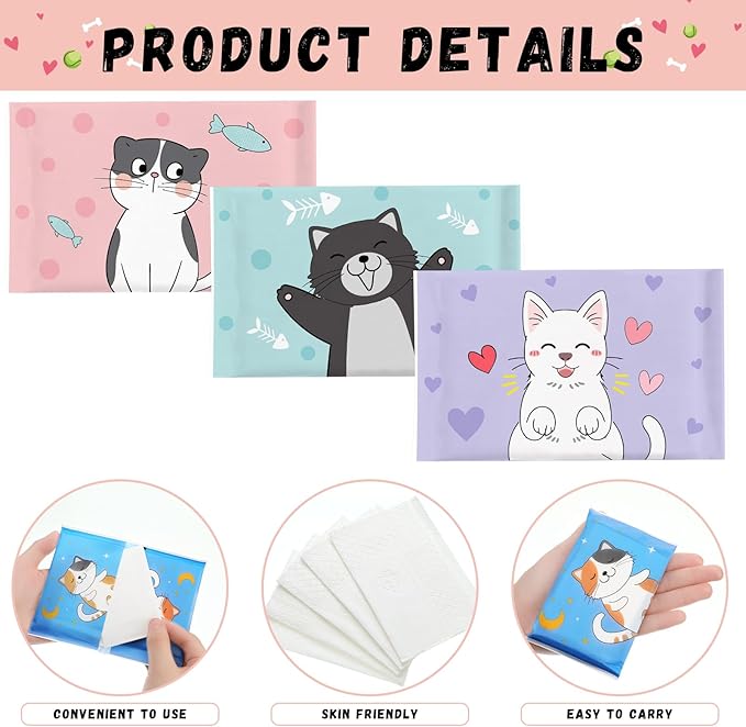 PerKoop 100 Pack Pocket Tissues Travel Slim Packs Small Facial Tissues Wallet Size Toilet Paper for Travel Guest Wedding Supplies, 4 Styles(Cat)