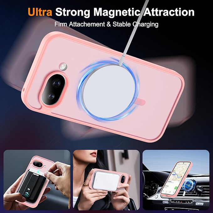 Compatible with Google Pixel 9A Case with Magnetic [Compatible with Mag-Safe][Military Grade Drop Protection] Slim Translucent Matte Phone Case with Anti-Fingerprint Tech, Pink