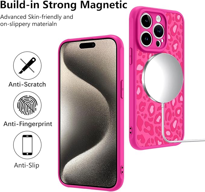 KANGHAR Case for iPhone 15 Pro Hot Pink Leopard Printed Pattern Cute Cheetah [Compatible with Magsafe] Protective Magnetic Case for Girls Women 6.1"