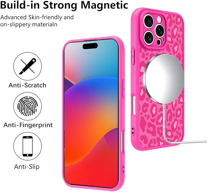 KANGHAR Case for iPhone 16 Pro Hot Pink Leopard Printed Pattern Cute Cheetah [Compatible with Magsafe] Protective Magnetic Case for Girls Women 6.3"