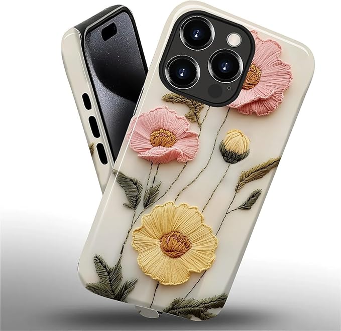 Case for iPhone 15 Pro Case,Faux Embroidery Boho Floral Design - Hybrid Dual Protection Silicone + Hard PC Shockproof Full Body Cover Slim Anti-Scratch Protective Case for Men Women