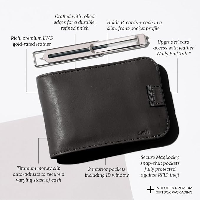 Distil Union Wally Bifold 5.0 Premium RFID Wallet with Titanium Money Clip - Slim Bifold Wallet for Men, Full Grain Leather, Minimalist RFID Card Holder - Holds 14 Cards & 30 Bills - Brown