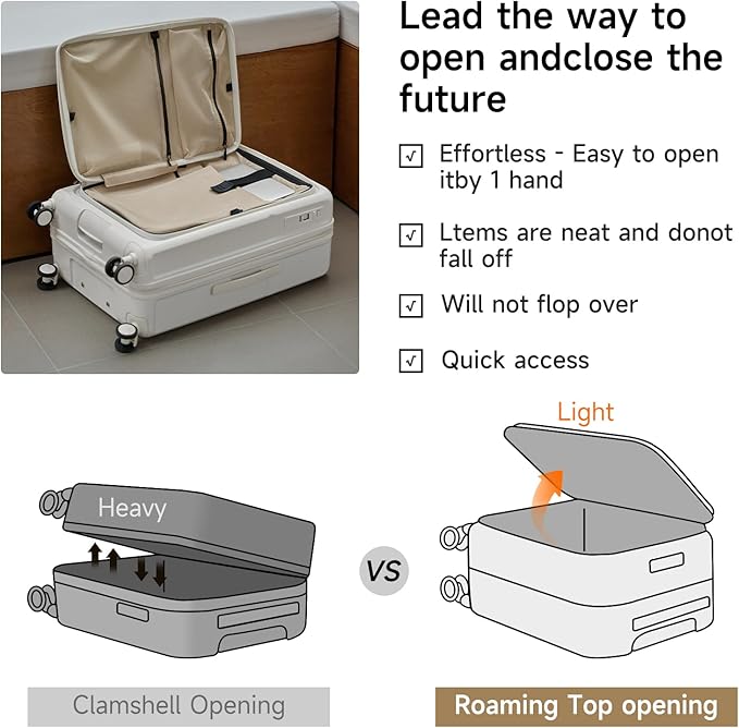 ROAMING Expandable 28-Inch Checked Luggage with Mute Brake Wheels Airline Approved Hard Shell Suitcases with Front Pocket Top Opening Luggage with TSA Lock for Short Business Travel, Beech white