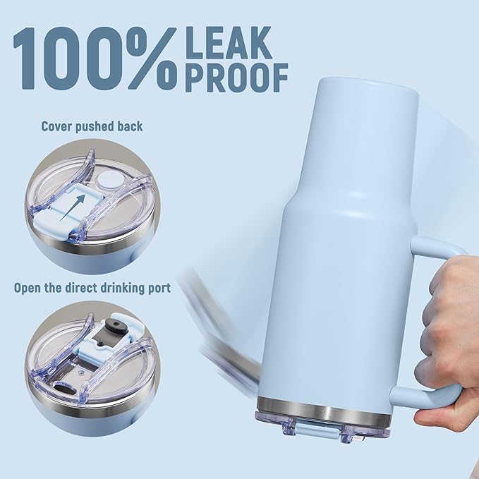 40 oz Tumbler with Handle and Straw Lid,Insulated Reusable Stainless Steel Water Bottle Travel Mug，Cupholder Friendly Double Wall Vacuum Sealed Cup (Sky Blue)