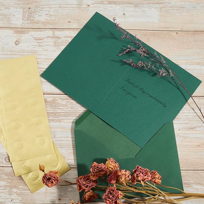 50 Pack Dark Green A7 Envelopes with Cards 5x7 Thick Folded Cardstock and Gold Stickers for Greeting Cards, Wedding, Birthday, Invitations, Baby Showers (Dark Green, 5x7)