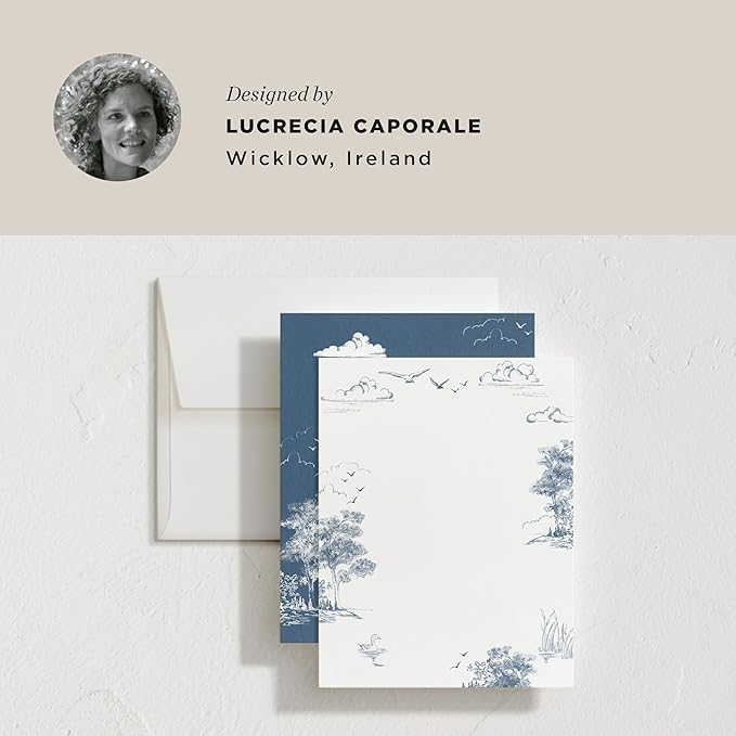 Minted Lake Side Toile Stationery Set, Set of 10 Flat Note Cards & Envelopes for Invitiations and Handwritten Thank You Messages, Toile Design, Lake & Forest Scene, Gifts for Women, Luxurious Paper