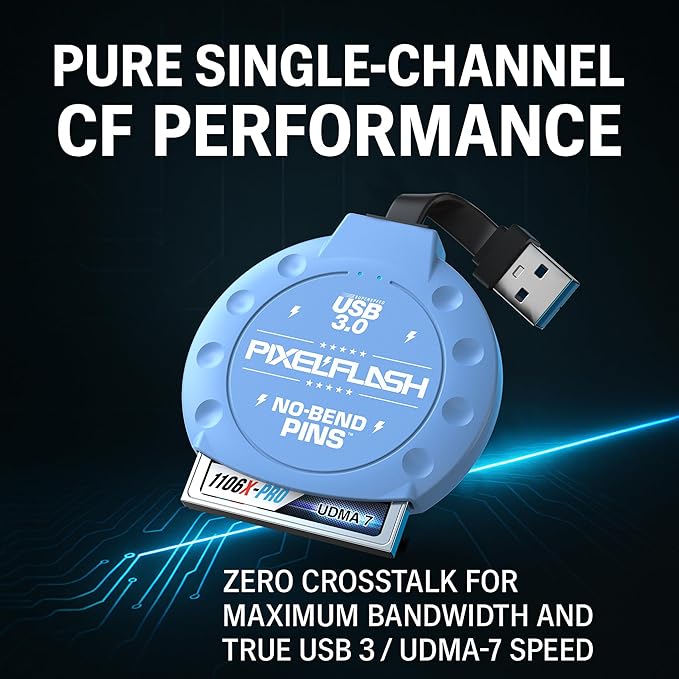 PixelFlash CF Card Reader (Blue) - Compact Flash Memory Card Adapter with Cabled USB 3.0, 5GB/s File Transfer, No-Bend Pins, Supports UDMA-7, Anti-Slip & Anti-Scratch, Compatible to Most Brands & OS