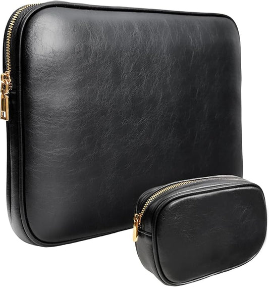 PU Leather Padded Laptop Sleeve Bag 13Inch Compatible with 2024 MacBook Air 13.6 A3113 M3 A2681,New MacBook Pro 13 M2 A2686 with Charger Pouch Color Black