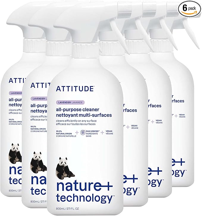 ATTITUDE All Purpose Cleaner Spray, EWG Verified, Vegan, Made with 94% Plant-Based Ingredients, Streak-Free for Kitchen, Bathroom, Glass & More, Lavender Scent, 27.1 Fl Oz (Pack of 6)