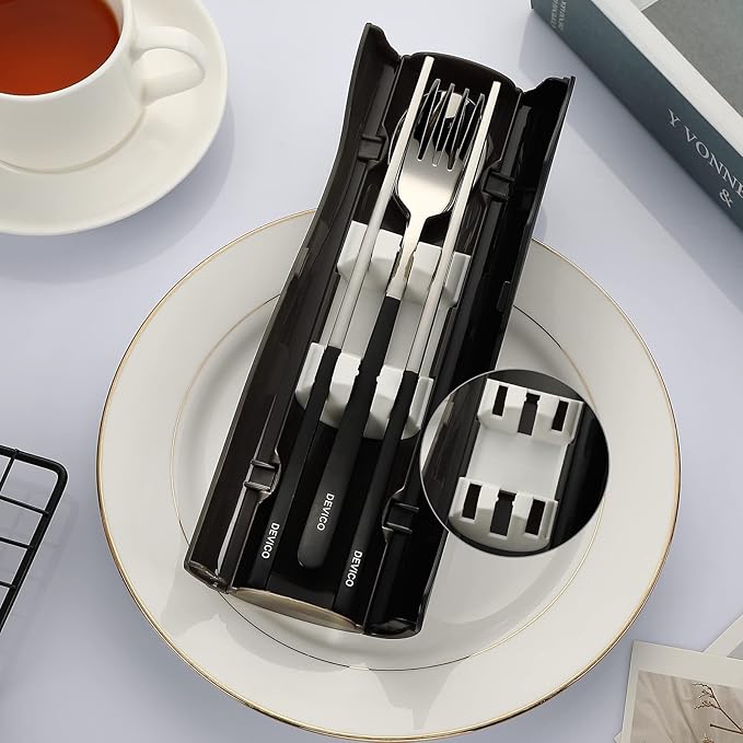 DEVICO Portable Travel Utensils with Case, Reusable Camping Silverware for Lunch, 18/8 Stainless Steel Cutlery Set (Black)