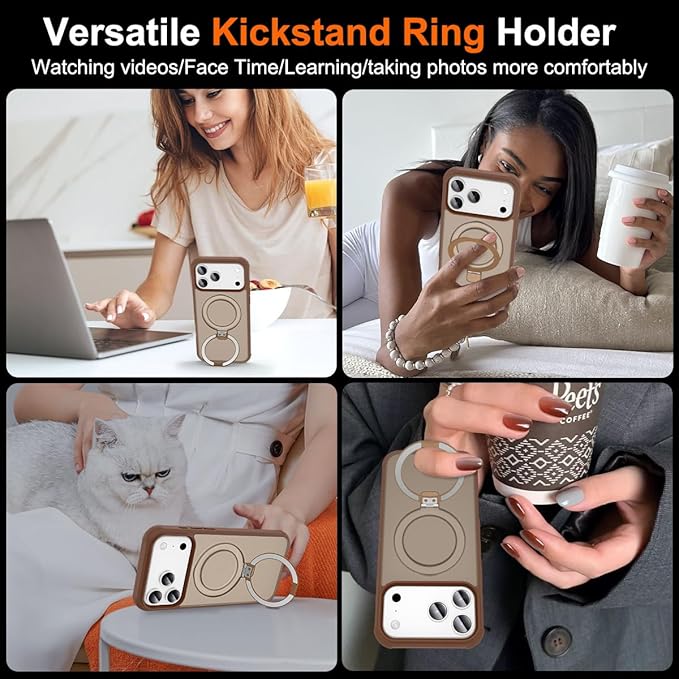 Magnetic Compatible with iPhone 17 Pro Max Case with Stand [Military Grade Drop Tested][Compatible with Magnet] Ring Translucent Slim Hard Back Soft Edge, Desert Gold