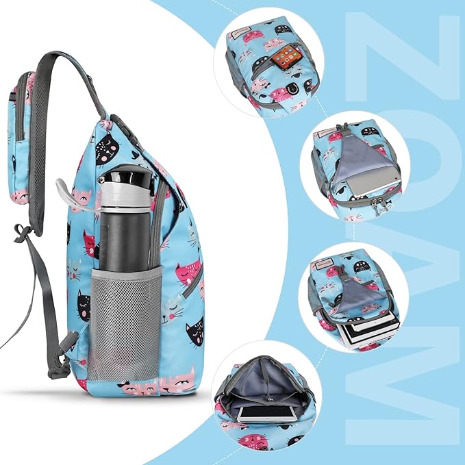 ZOMAKE Sling Bag,Small Crossbody Sling Backpack,Water Resistant Shoulder Daypack for Travel,Anti Thief Chest Bag for Hiking(Cat'S Head Light Blue)