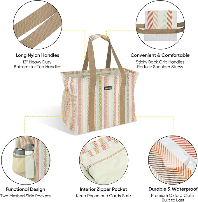 BALEINE Extra Large Utility Tote Bag with Wire Frame for Storage (Color Strip, 16.5''x14''x10'')