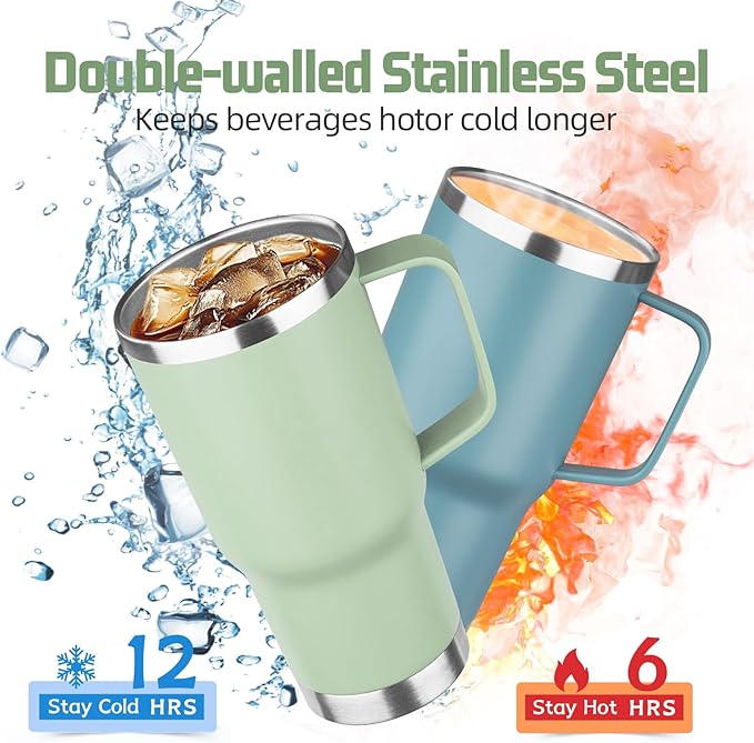 20 oz Tumbler with Handle Stainless Steel Insulated Coffee Mug Tumbler with Lid and Straw Double Wall Vacuum Insulated Coffee Mug Leak Proof Travel Mug Tumbler for Hot and Cold Drink (Green Tea,4pack)