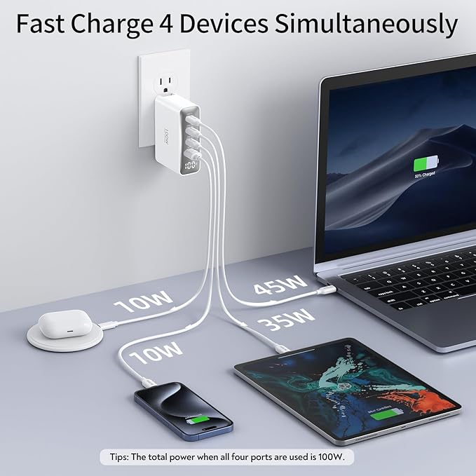 100W USB C Travel Charger, 4-Ports Foldable Travel Adapter Plug Converter with UK/EU/AU Plugs,Fast Charging for Macbook Pro/Air,for iPad Pro/iPhone 16/15 Pro Max, for 45w Samsung Galaxy, White