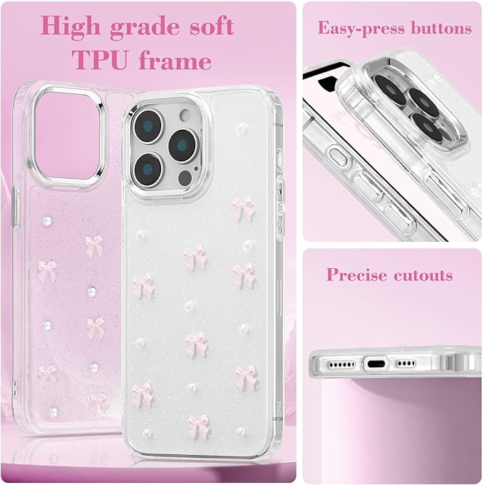 EYZUTAK Case for iPhone 15 Pro Max, Bling Glitter 3D Bowknot Phone Case Cute Sparkly Crystal Clear Bow Aesthetic Design Case Slim Soft Durable TPU Transparent Protective Cover for Women Girl-Pink Bow