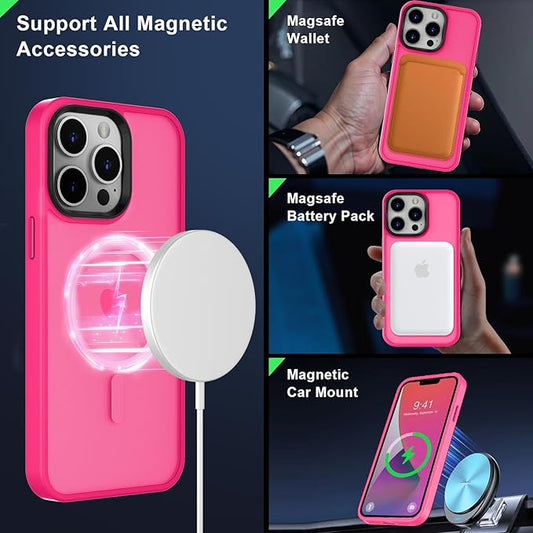 MOCCA Strong Magnetic for iPhone 13 Pro Max Case,[Compatible with Magsafe][Glass Screen Protector+Camera Lens Protector] Slim Thin Shockproof Cover Phone Case for iPhone 13 Pro Max 6.7", Hot Pink