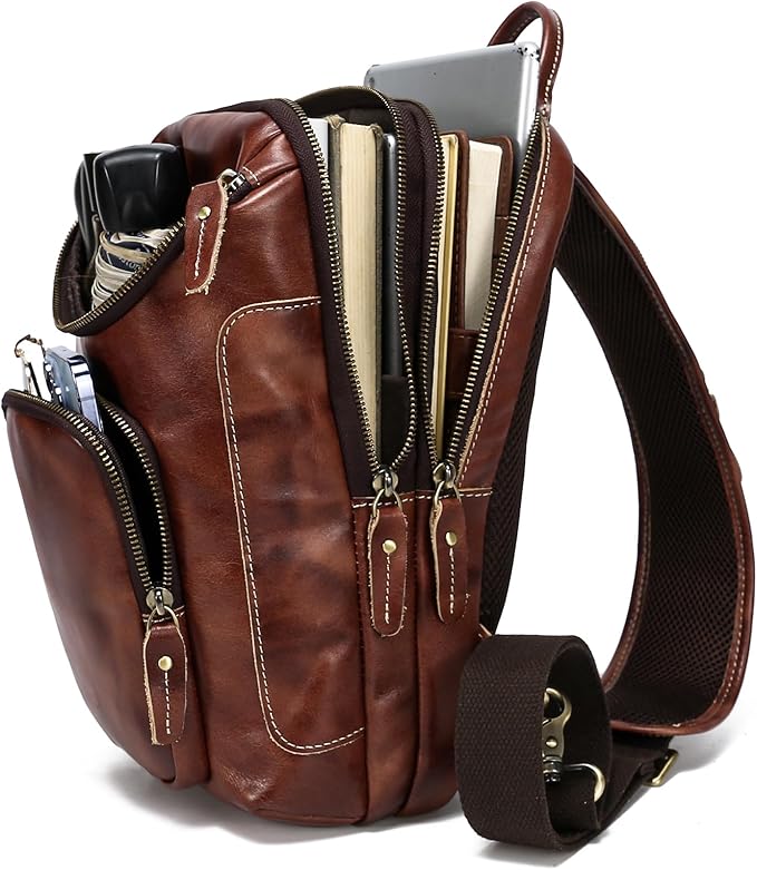 LANNSYNE Vintage Full Grain Leather Sling Bag Crossbody Chest Daypack