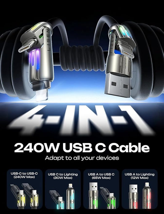 LISEN USB C Cable 3FT for Samsung Charger Type C, Chubby 4 in 1 Charging Cable with Light, Multi Charging Cable for iPhone 16 15 14 Pro Max/MacBook/iPad Pro/SamSungS25, All Devices, Black