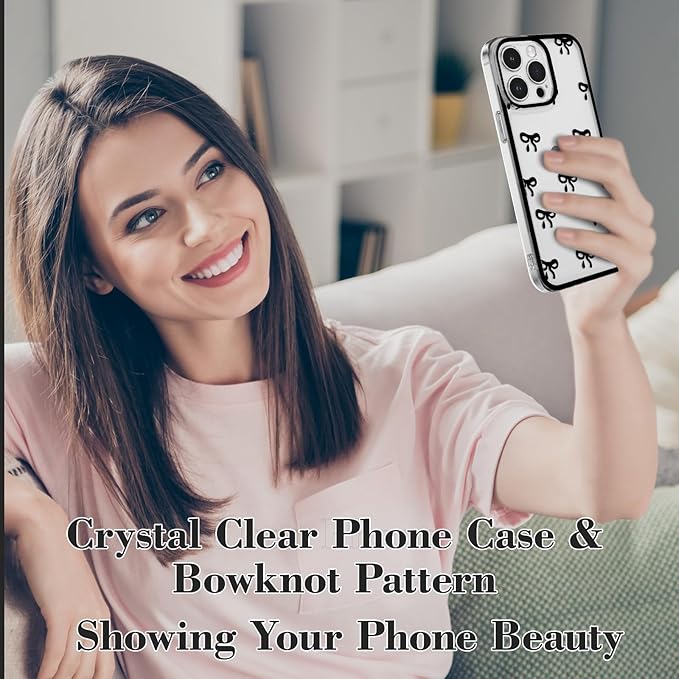 EYZUTAK Case for iPhone 15 Pro, Clear Cute Ribbon Bowknot Pattern Aesthetic Transparent Phone Case Raised Camera Protection Stylish Slim Soft Durable TPU Protective Cover for Women Girls - Black