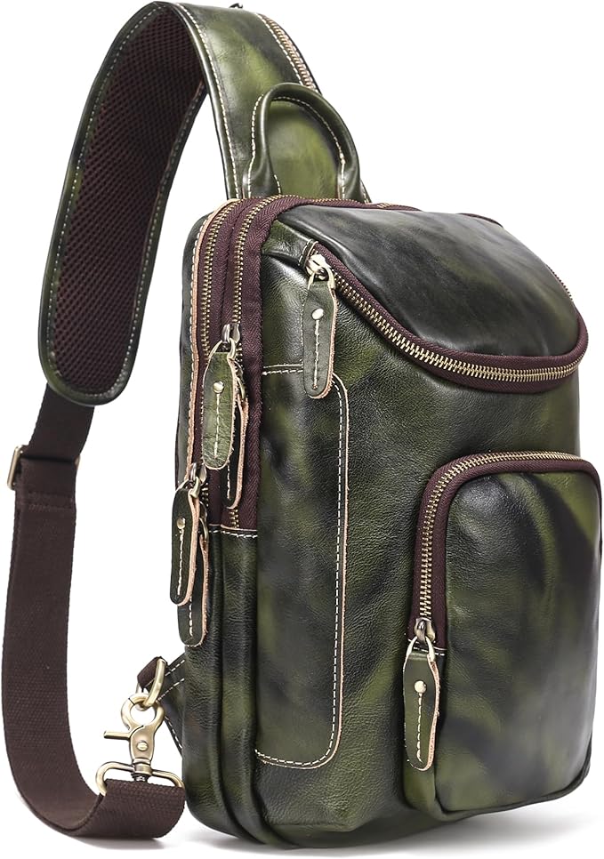 LANNSYNE Vintage Full Grain Leather Sling Bag Crossbody Chest Daypack