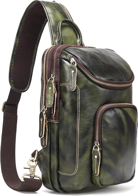 LANNSYNE Vintage Full Grain Leather Sling Bag Crossbody Chest Daypack