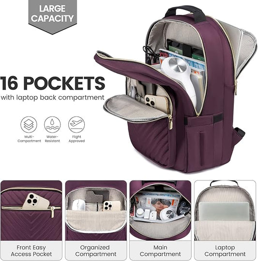 LOVEVOOK Laptop Backpack for Women 18.4 inch,Cute Womens Travel Backpack Purse,Professional Laptop Computer Bag,Waterproof Work Business College Teacher Bag Carry on Backpack with USB Port,Deep Purple