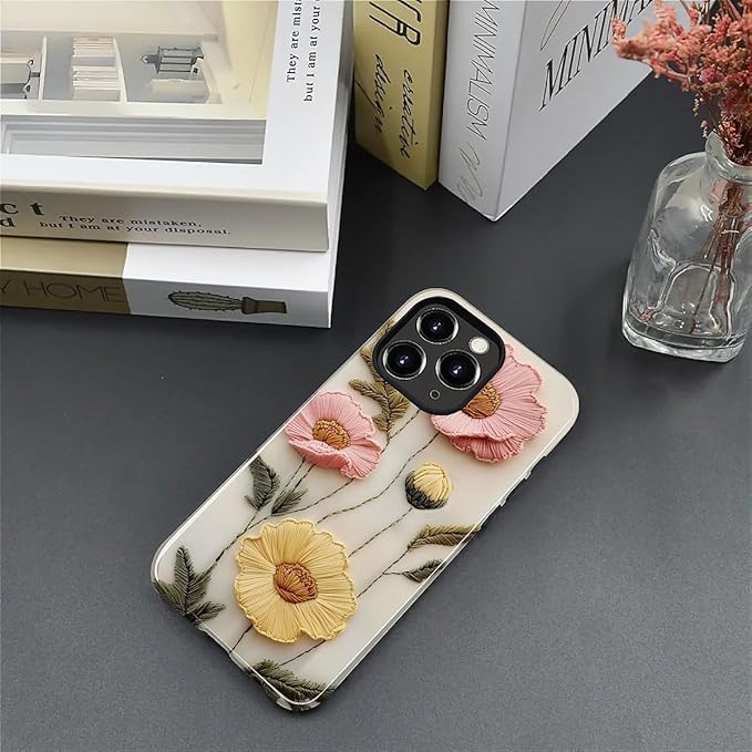 Case for iPhone 11 Pro Max Case,Faux Embroidery Boho Floral Design - Hybrid Dual Protection Silicone + Hard PC Shockproof Full Body Cover Slim Anti-Scratch Protective Case for Men Women