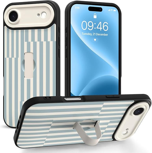 Compatible with iPhone Air Case with Finger Hand Strap Kickstand, Trendy Cool Striped Phone Case for Women Men, Full Camera Protection Shockproof Protective Cover, White and Blue Stripes