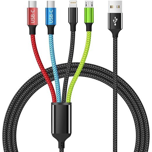 Dual Type-C 4 in 1 Multi Charging Cable [1Pack 5FT], Nylon 4 in 1 Charging Cable, Multi Chargers for All Devices with IP/Type C/Micro Port, Compatible with Most Cell Phones/Tablets and More