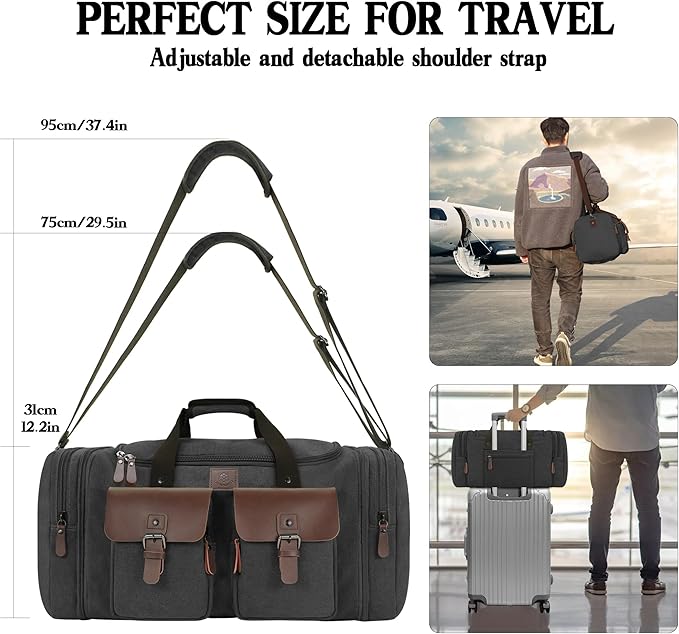 Canvas Duffle Bag for Men 60L Travel Duffel Bags Expandable Genuine Leather Duffel Overnight Weekender Carry On Bag Two Zipper Pockets Travel Bag (Black, X Large-60L)