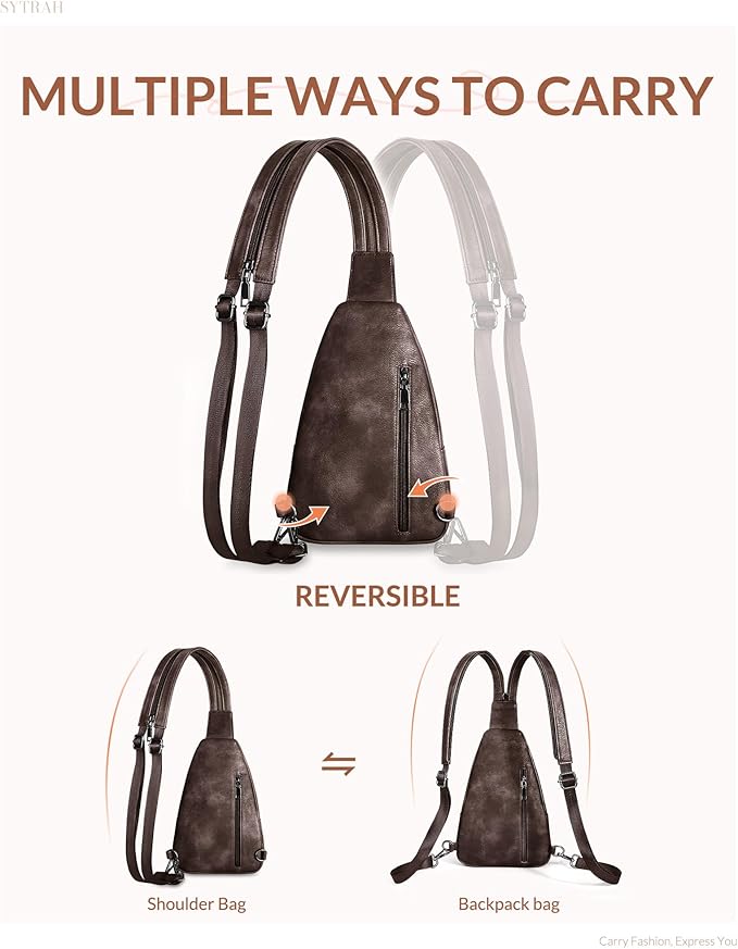 Sling Bag for Women, Crossbody Bags for Women Trendy Crossbody purse Vegan Leather Sling Backpack Chest Bag with Dual Purpose Strap, Mocha Cofee