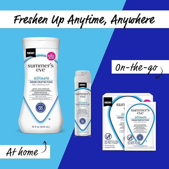 Summer's Eve Ultimate Odor Control Feminine Spray, 2 oz & Wipes with Boric Acid, 12 ct