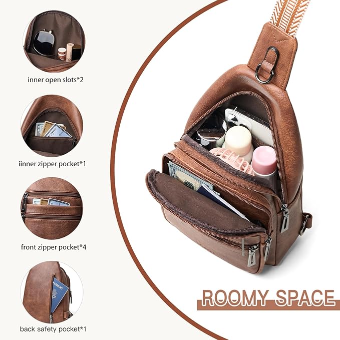 Sling Bag for Women Crossbody Bags Fanny Packs Over Shoulder Bag Sling Purse Backpack Vegan Leather Travel Brown