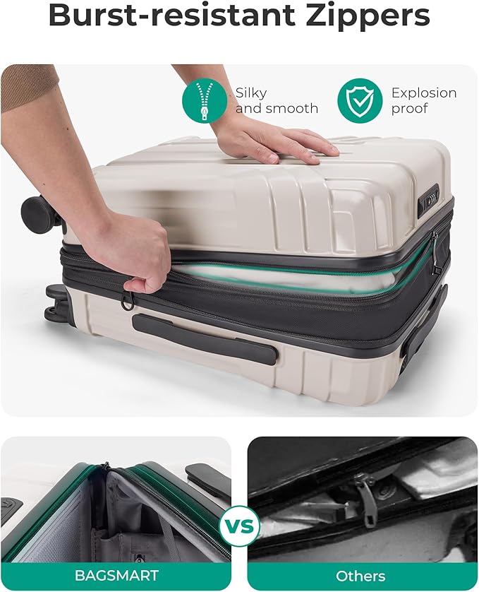 BAGSMART Expandable Carry On Luggage 22x14x9 Airline Approved, 1OO% PC Lightweight Hard Shell Suitcase, 20 Inch Travel Luggage with Spinner Wheels, Waterproof Rolling Suitcase, Biege
