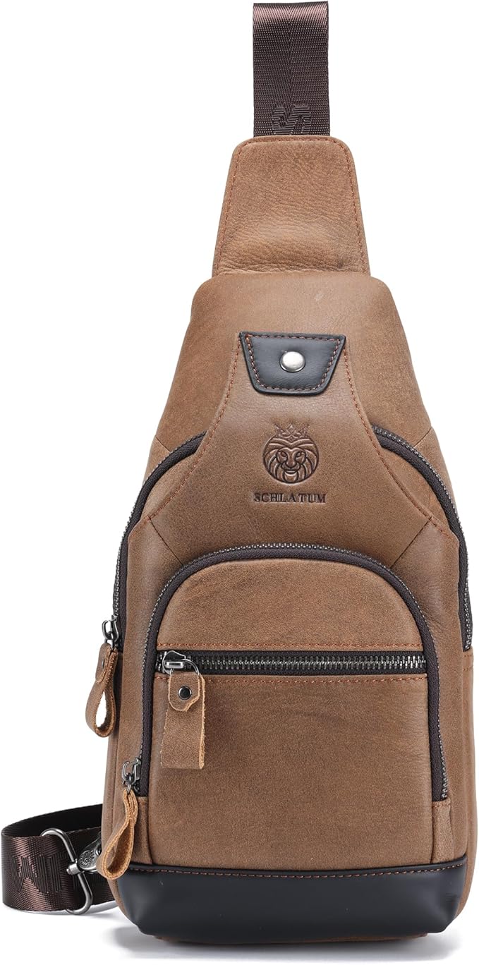 LUKZIJAES Genuine Leather Sling Bag for Men Crossbody Bags Man Shoulder Chest Pack Hiking Casual Daypack Outdoor Travel Backpack (#1-Brown)