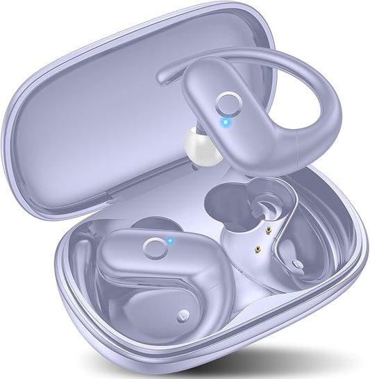 kurdene Wireless Earbuds Bluetooth Headphones Sport,Over Ear Buds with Deep Bass Sound,60Hrs Playtime Earphones Redesigned Comfort Fit with Earhooks for Running,Meeting,Workout-Purple