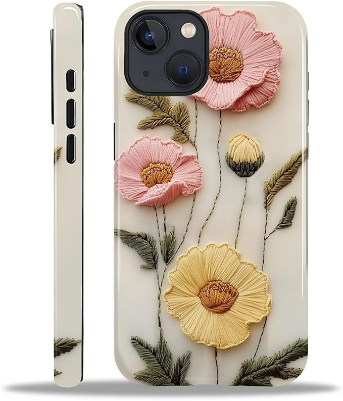 Case for iPhone 15 Plus Case,Faux Embroidery Boho Floral Design - Hybrid Dual Protection Silicone + Hard PC Shockproof Full Body Cover Slim Anti-Scratch Protective Case for Men Women