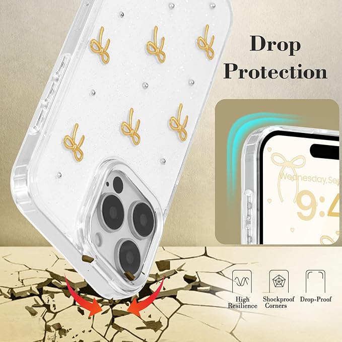 EYZUTAK Case for iPhone Air, Bling Glitter 3D Bowknot Phone Case Cute Sparkly Crystal Clear Bow Aesthetic Design Cover Slim Soft Durable TPU Transparent Protective Cover for Women Girls - Gold Bow