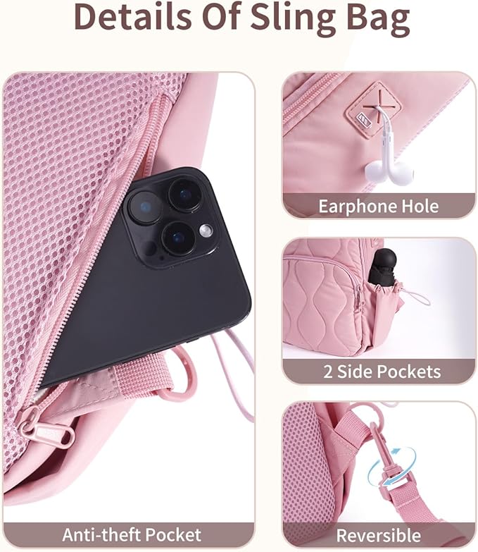 Wandering Nature Sling Bag for Women Lightweight Quilted Crossbody Bag Fits for 11" Tablet with Breathable Back Panel Anti Theft Pocket Padded Strap USB Charge Port, Ideal for Travel, Daily Use