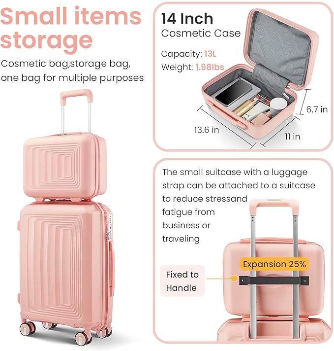 Luggage Set 4 Piece Suitcase Sets with Double Spinner Wheel, Expandable Hardside Travel Luggage with TSA Lock (14/20/24/28), PP Material Hardshell Carry on Travel Suitcases (D# Pink)