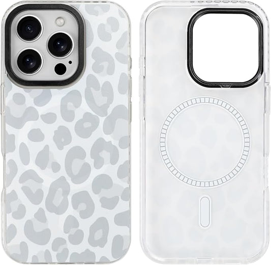 SAKUULO Magnetic for iPhone 16 Pro Case Light Gray Leopard Print Pattern [Compatible with MagSafe] [with Screen Protector] Wireless Charge Strengthen Protection Cover, Light Gray Leopard (6.3")