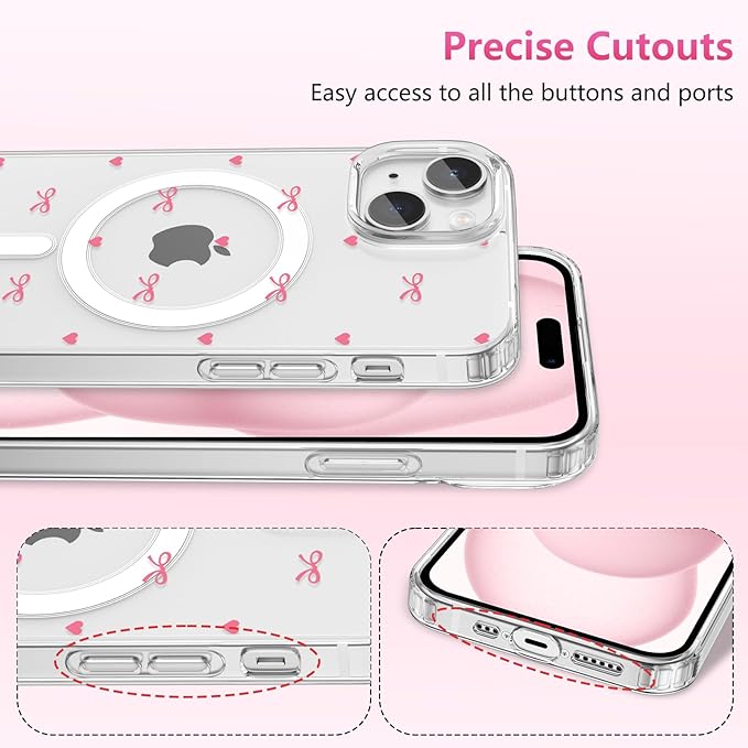 ZTOFERA for iPhone 15 Magnetic Case Clear,Cute Love Heart Ribbon Bow Tie Aesthetic Phone Case,Transparent Trendy Slim Soft Shockproof Protective Phone Cover for Women Girls,Rose Pink