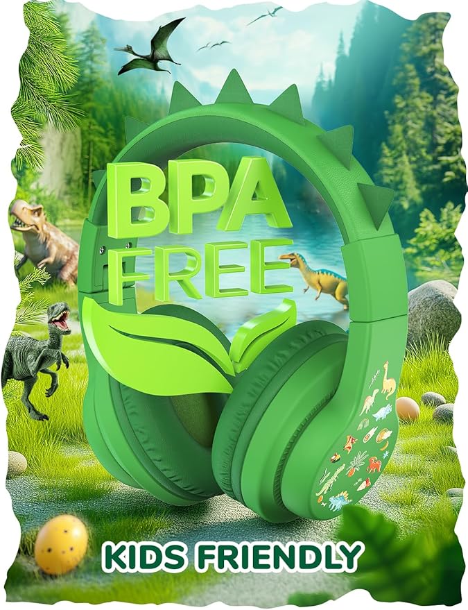 iClever Kids Headphones for School Travel, Safe Volume 85dBA, Stereo Sound Over-Ear for Kid, Foldable 3.5mm Wired Dinosaur Headphones for iPad Computer, HS19S